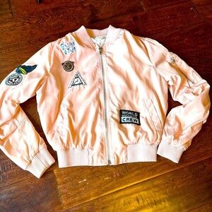 Hot & delicious baby pink bomber jacket w patches satin like ribbed collar/cuffs